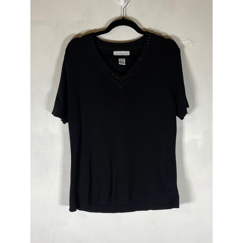 Classic Career Minimalist Black Beaded V Neck Knit Top XL Office Chic Shirt